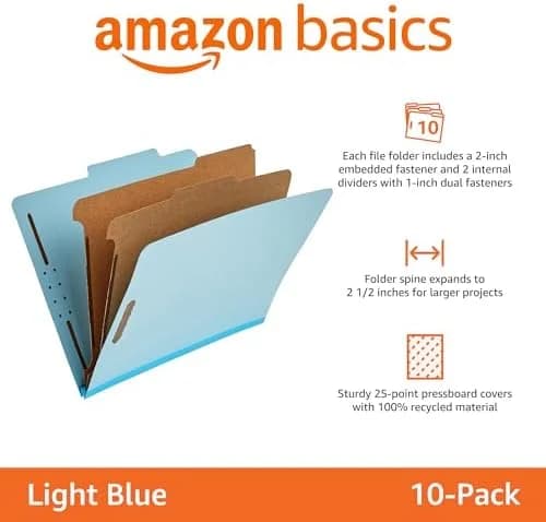 Practical Amazon Basics Classification Folder with Prongs, 100% Recycled, 2 Dividers, 2" Embedded Fasteners, L